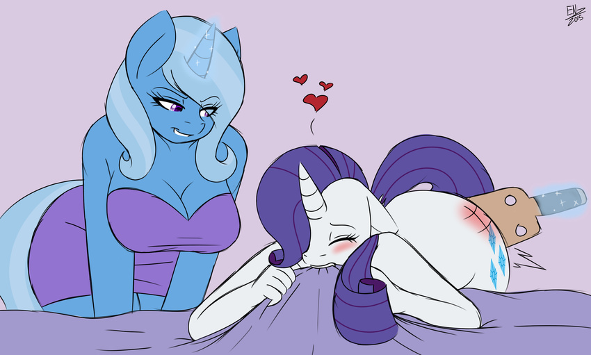 &lt;3 anthro bed bedroom_eyes big_breasts blue_fur blue_hair blush breasts cleavage clothed clothing digital_media_(artwork) dress duo ensayne equine eyes_closed female friendship_is_magic fur hair hair_over_eye hi_res horn lesbian long_hair magic mammal my_little_pony nude paddle purple_eyes purple_hair rarity_(mlp) smile spanking trixie_(mlp) two_tone_hair unicorn white_fur