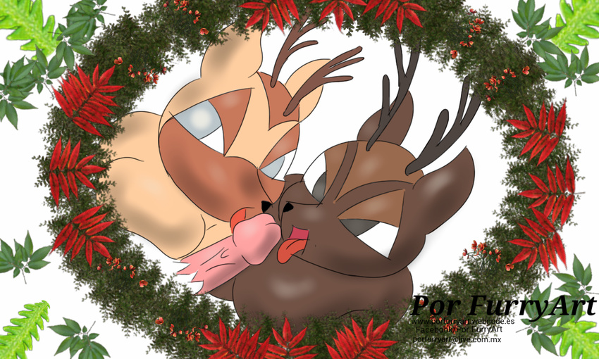 cervine deer disembodied_penis duo_focus fellatio group humanoid_penis male mammal open_mouth oral penis por_furryart_(artist) reindeer sex tongue tongue_out vein veiny_penis