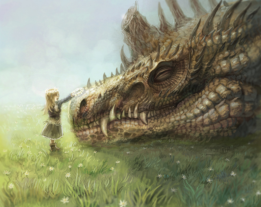 ambiguous_gender child clothed clothing dragon dress duo eyes_closed female feral flower grass happy human mammal outside plant scalie sharp_teeth shina size_difference smile teeth wreath young