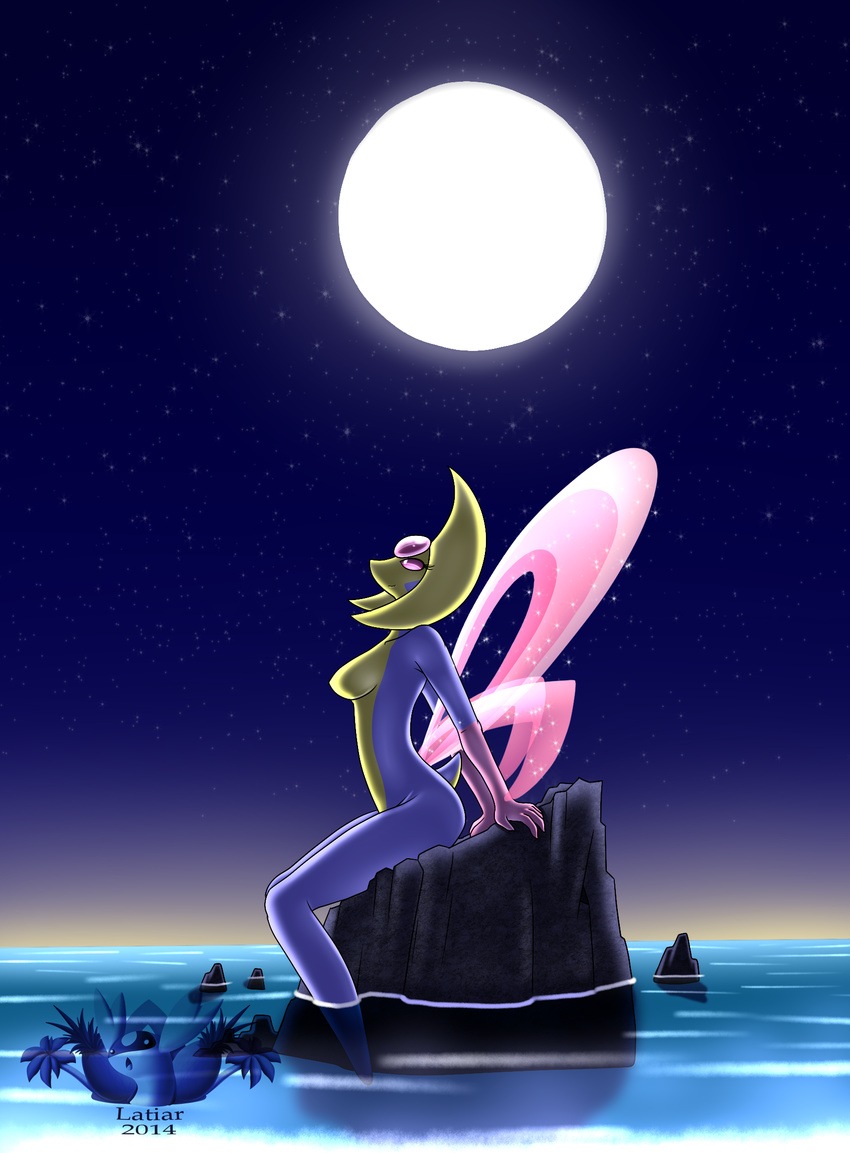 2014 anthro anthrofied breasts cresselia digital_media_(artwork) female latiar moon night nintendo nude outside pink_eyes pok&eacute;mon pok&eacute;morph side_view sitting smile solo star translucent_wings video_games water wings