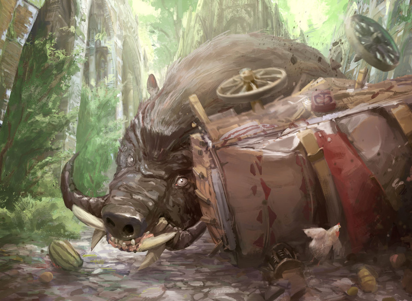 ambiguous_gender avian bird boar cart chicken city cityscape destruction digital_media_(artwork) duo feral looking_at_viewer magic_the_gathering mammal melon official_art outside porcine quadruped size_difference solo_focus tusks uhoh yeong-hao_han