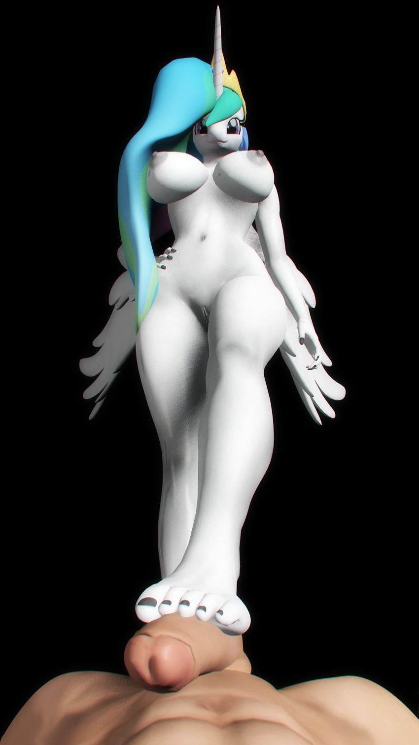 2015 3d anthro anus areola balls big_breasts breasts duo equine erect_nipples erection faceless_male female first_person_view foot_fetish footjob friendship_is_magic horn horse huge_breasts human male mammal my_little_pony navel nipples penis princess_celestia_(mlp) pussy rogenilinad winged_unicorn wings
