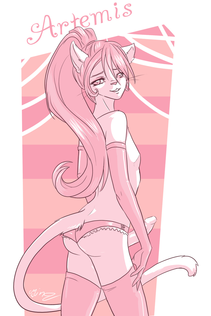 anthro armwear artemis_tsukino cat clothed clothing colored_sketch detailed erection feline girly gloves hair half-dressed legwear long_hair lying male mammal mingchee on_side penis pink_theme smile solo topless underwear