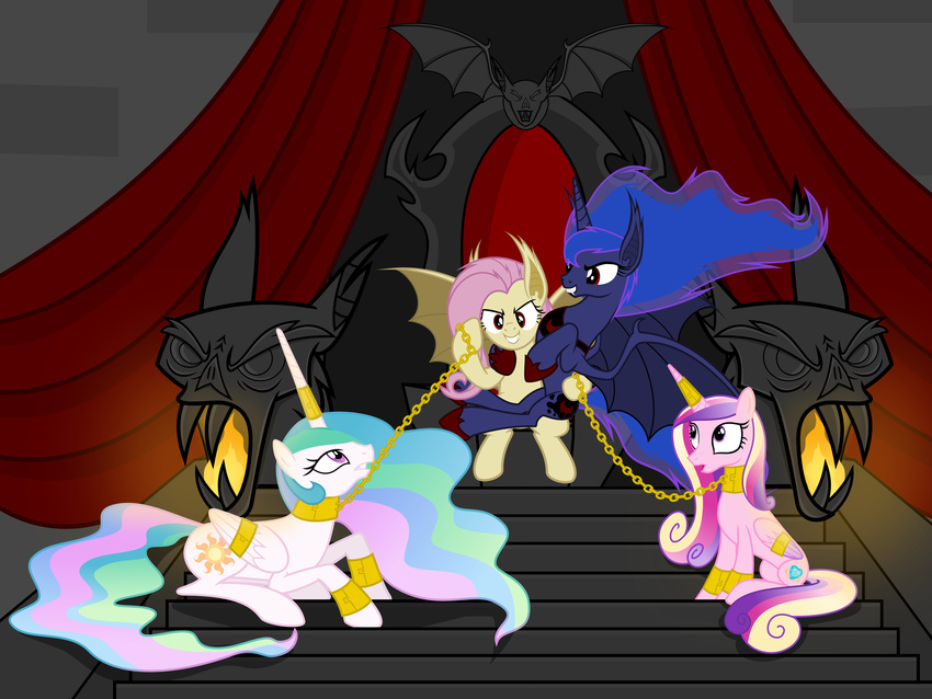 2015 absurd_res bat bat_pony bat_wings blue_hair bound chain collar cutie_mark equine fangs female feral flutterbat_(mlp) fluttershy_(mlp) friendship_is_magic fur group hair hi_res horn horse long_hair looking_at_viewer magister39 mammal multicolored_hair my_little_pony pegasus pony princess_cadance_(mlp) princess_celestia_(mlp) princess_luna_(mlp) red_eyes smile throne white_fur winged_unicorn wings