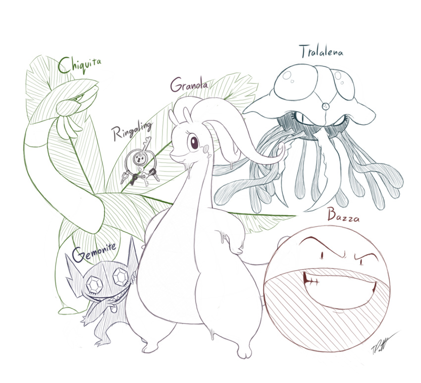 ambiguous_gender electrode female goodra group klefki looking_at_viewer monochrome nintendo plain_background pok&eacute;mon sableye tentacruel timoteihiv tropius video_games