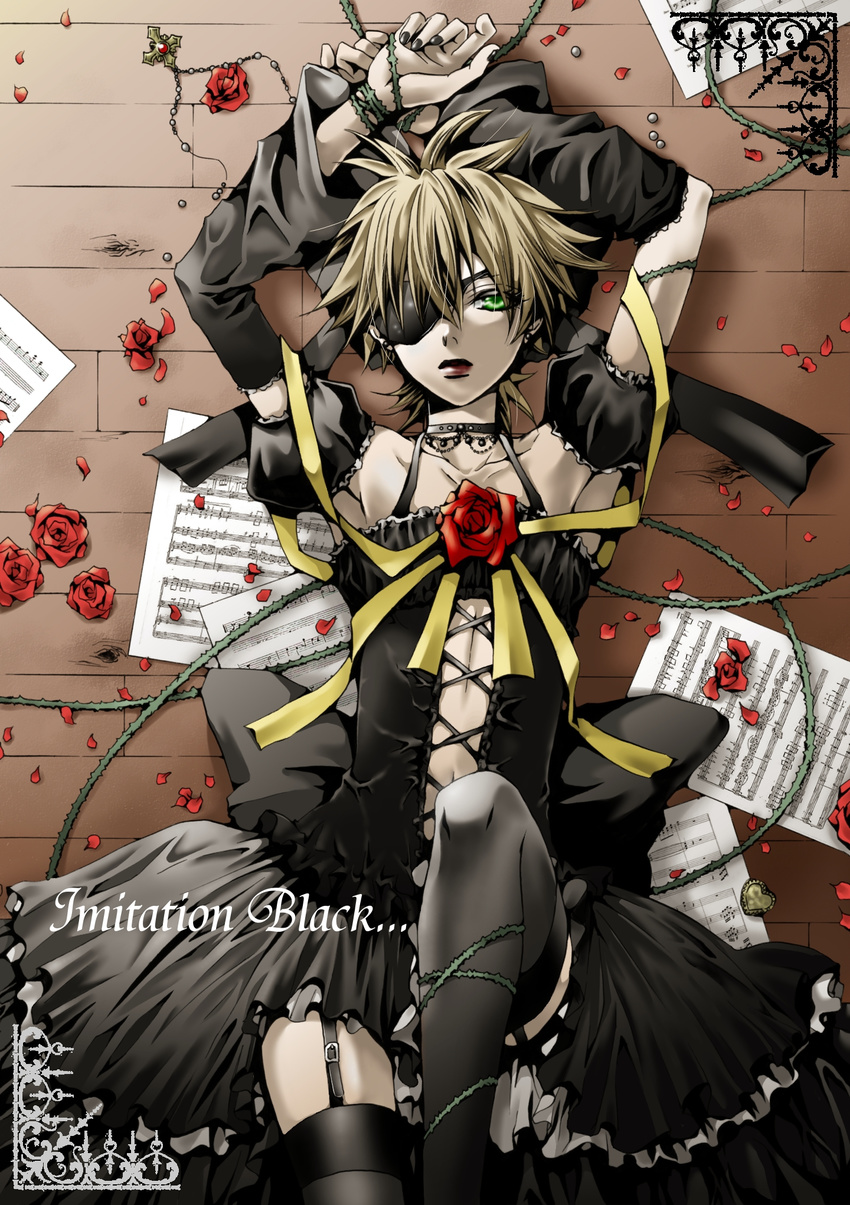 arms_up bad_id bad_pixiv_id bass_clef beamed_eighth_notes beamed_sixteenth_notes black_dress black_lipstick black_nails blonde_hair cross crossdressing dress eighth_note eighth_rest eyepatch flower from_above green_eyes hair_ribbon hakuseki half_note half_rest highres imitation_black_(vocaloid) kagamine_len lipstick lying makeup male_focus musical_note nail_polish on_back otoko_no_ko petals quarter_note quarter_rest ribbon rose sheet_music solo thighhighs treble_clef vocaloid whole_rest