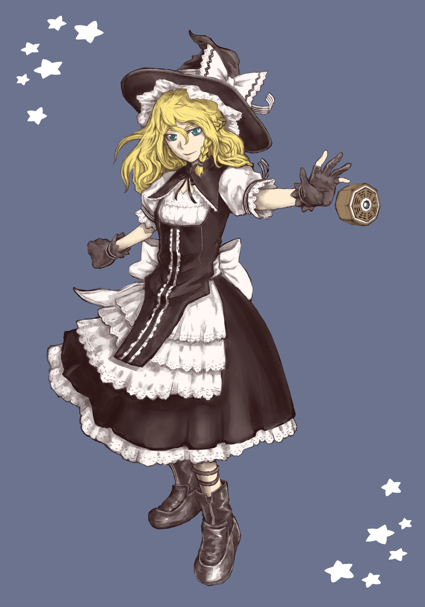 absurdres alternate_costume aqua_eyes blonde_hair blue_eyes boots bow braid curiosities_of_lotus_asia fingerless_gloves gloves hat hat_bow hat_ribbon highres ichimi_tougarashi kirisame_marisa long_hair mini-hakkero ribbon single_braid smile solo star touhou white_bow witch witch_hat