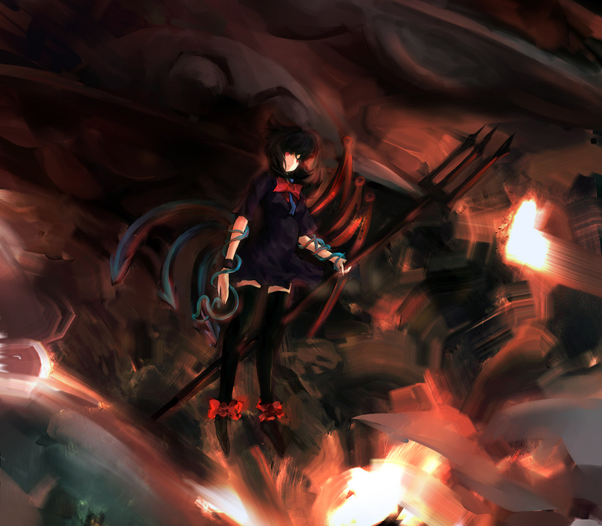 akn bad_id bad_pixiv_id black_hair bow houjuu_nue polearm snake solo touhou trident weapon wings