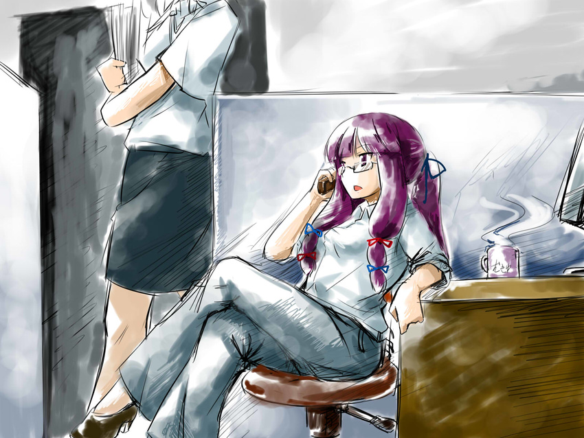 alternate_costume bad_id bad_pixiv_id bc bespectacled cellphone chair contemporary crossed_legs cup dress_shirt glasses high_heels highres mug mukyuu office office_lady pants patchouli_knowledge pencil_skirt phone purple_hair shirt shoes sitting skirt talking_on_phone touhou