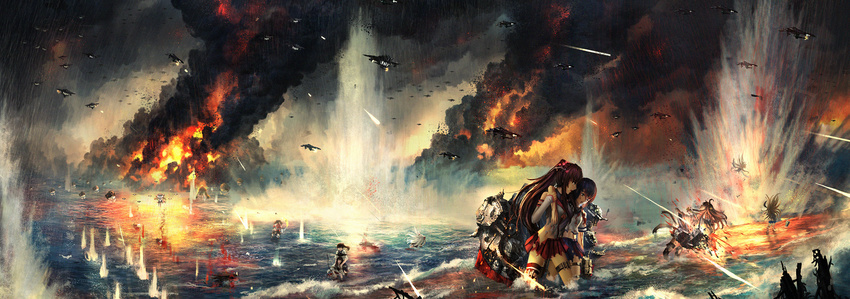 afloat akagi_(kantai_collection) amatsukaze_(kantai_collection) battle bleeding blood blood_from_mouth blood_on_face blood_splatter bloody_clothes bow_(weapon) bullet_hole bullet_trail cannon commentary crying crying_with_eyes_open damaged death debris defeat destruction enemy_aircraft_(kantai_collection) face_down fire firing flying fubuki_(kantai_collection) guro highres japanese_clothes jintsuu_(kantai_collection) kaga_(kantai_collection) kantai_collection kongou_(kantai_collection) machinery multiple_girls muneate naka_(kantai_collection) ni-class_destroyer nontraditional_miko ocean overcast pool_of_blood rensouhou-chan ryuujou_(kantai_collection) scroll sendai_(kantai_collection) shikigami shimakaze_(kantai_collection) shinkaisei-kan shoulder_support side_ponytail smoke tears thigh_strap to-class_light_cruiser turret twintails two_side_up wading war weapon wo-class_aircraft_carrier yamato_(kantai_collection) zi_ye_(hbptcsg2)