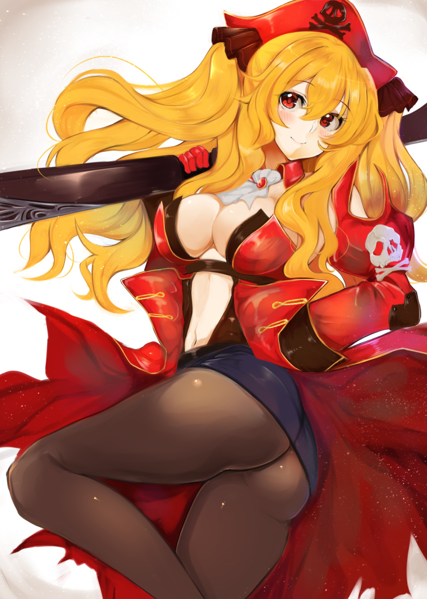 1girl anne_bonny_(fate/grand_order) ashino ass belt blonde_hair blush breasts brown_legwear center_opening cleavage closed_mouth commentary_request cravat fate_(series) feet_out_of_frame hair_between_eyes hat highres holding large_breasts long_hair long_sleeves looking_at_viewer microskirt navel navy_blue_skirt pantyhose pencil_skirt pirate pirate_hat red_eyes red_hat shirt_tucked_in skirt skull_and_crossbones smile solo taut_skirt wavy_hair weapon_request white_neckwear wing_collar
