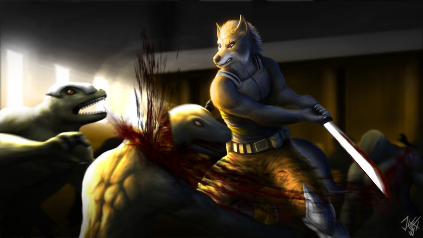 alien ambush anthro armor armored attack battle bigger_version_at_the_source blood canine defeat fight gore group jugg4 killing lagarto lizard lizardman lizardmen lupain male mammal reptile reptilian scalie slay slaying soldier survive sword war warrior weapon wolf wounded