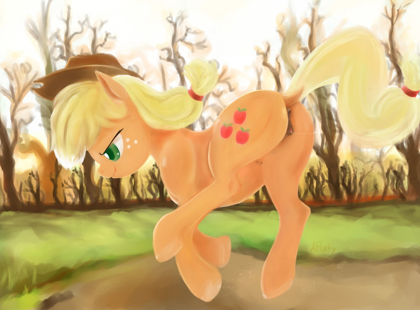 2015 anatomically_correct anatomically_correct_pussy animal_genitalia anus aponty applejack_(mlp) digital_painting_(artwork) dock earth_pony equine equine_pussy female feral forest friendship_is_magic green_eyes hat horse mammal my_little_pony outside pony pussy pussy_juice solo teats tree