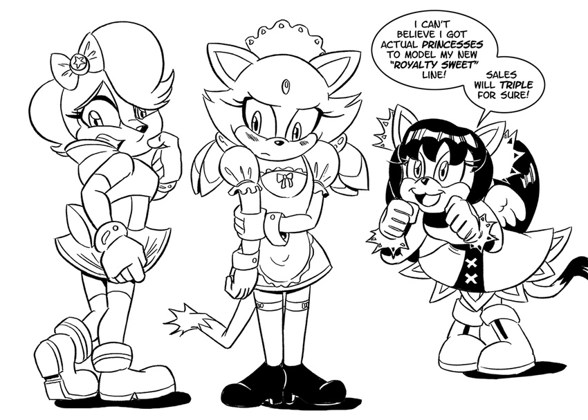 archie_comics black_hair blaze_the_cat blush bow cat chauvels cute dress embarrassed english_text excited feline female group hair honey_the_cat mammal monochrome open_mouth rodent royalty sally_acorn sega sonic_(series) squirrel text