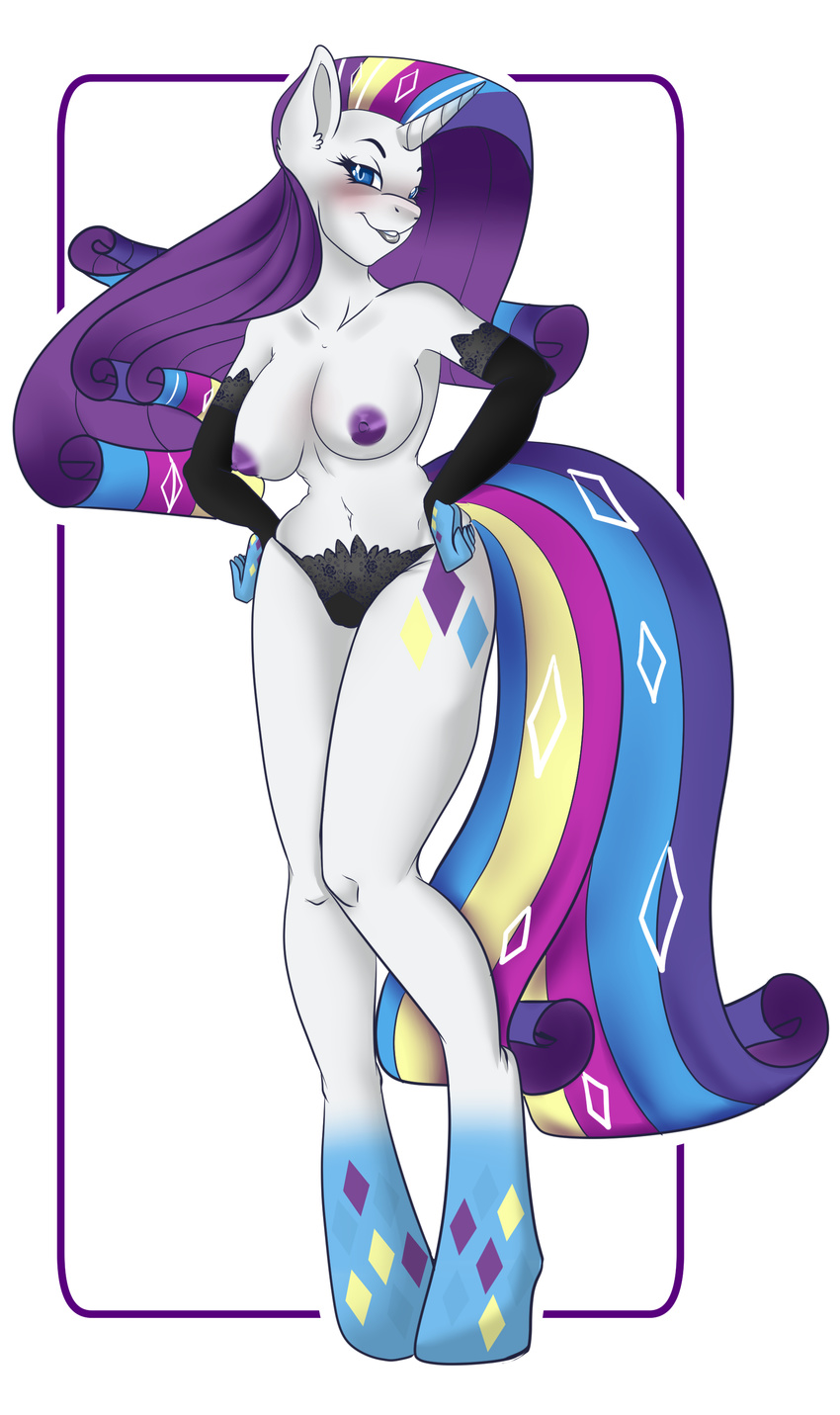 2015 absurd_res anthro anthrofied blue_eyes blush breasts clothing cutie_mark elbow_gloves equine female friendship_is_magic gloves hair hi_res horn long_hair looking_at_viewer mammal multicolored_hair my_little_pony nipples rarity_(mlp) smile solo theecchiqueen underwear unicorn