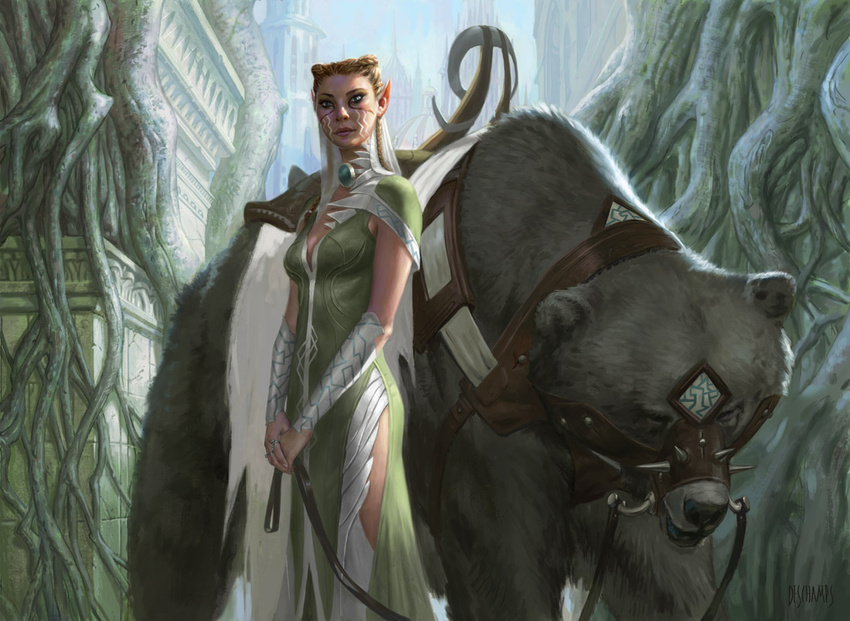 bear city cityscape clothing dress duo eric_deschamps female feral harness magic_the_gathering mammal official_art pointy_ears quadruped roots saddle size_difference