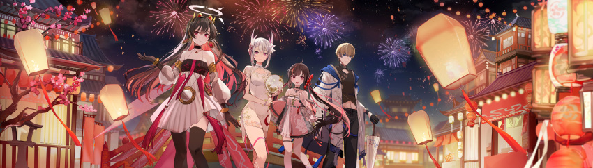 1boy 3girls absurdres ahoge architecture bangs black_gloves blonde_hair blue_eyes bracelet brown_hair building candy cherry_blossoms china_dress chinese_clothes detached_sleeves dress east_asian_architecture fireworks flower food gloves hair_flower hair_ornament halo hand_fan highres holding holding_candy holding_fan holding_food holding_umbrella hutuu_(1121) jewelry lantern lee_(punishing:_gray_raven) liv_(punishing:_gray_raven) looking_at_viewer lucia_(punishing:_gray_raven) multicolored_hair multiple_girls night night_sky open_mouth outdoors pants paper_lantern pink_eyes pulao_(punishing:_gray_raven) punishing:_gray_raven see-through_sleeves short_hair sky streaked_hair thigh_strap thighhighs tree twintails umbrella white_hair