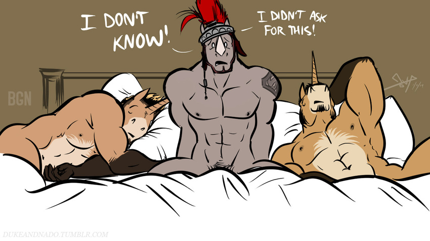 2014 abs anthro beard bed bgn english_text equine eyes_closed facial_hair fidelis_(character) group helmet horn isaiah male mammal muscles nipples nude pecs pillow rhinoceros sleeping tattoo text unicorn valens_(character)