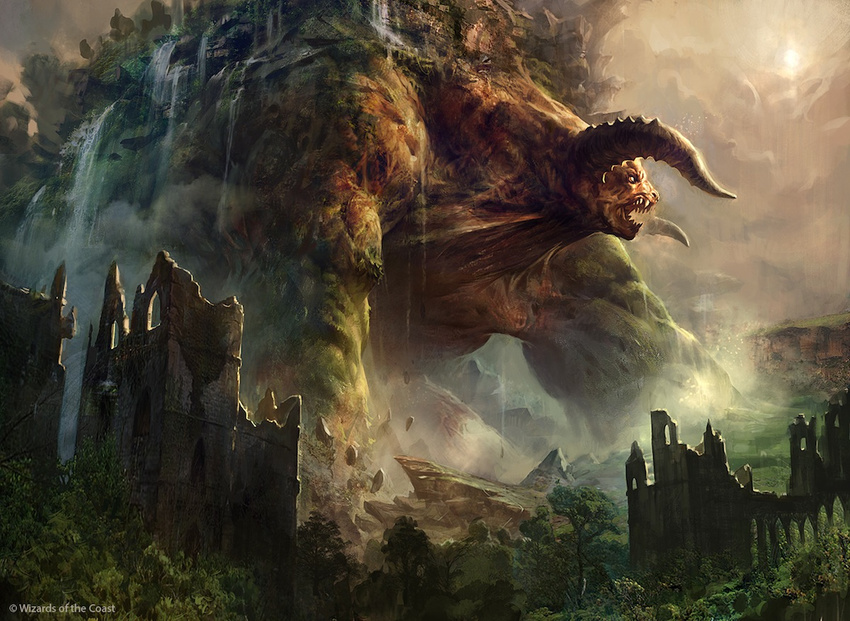 adam_paquette feral horn landscape low-angle_shot macro magic_the_gathering male monster nature official_art open_mouth outside quadruped ruins sharp_teeth snarling solo teeth tree water waterfall