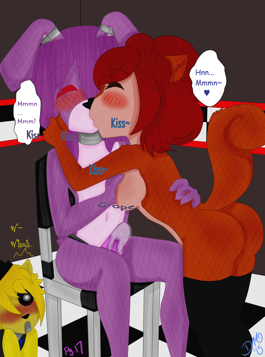 animatronic anthro big_breasts blush bonnie_(fnaf) breasts brown_fur butt chair color cute discordmelody duo_focus female five_nights_at_freddy's freckles fur golden_freddy_(fnaf) grope group hair jasmine_ivory kissing lagomorph legwear machine male mammal mechanical navel nude penis purple_fur purple_hair rabbit red_hair robot rodent spying squirrel stockings wooden_chair