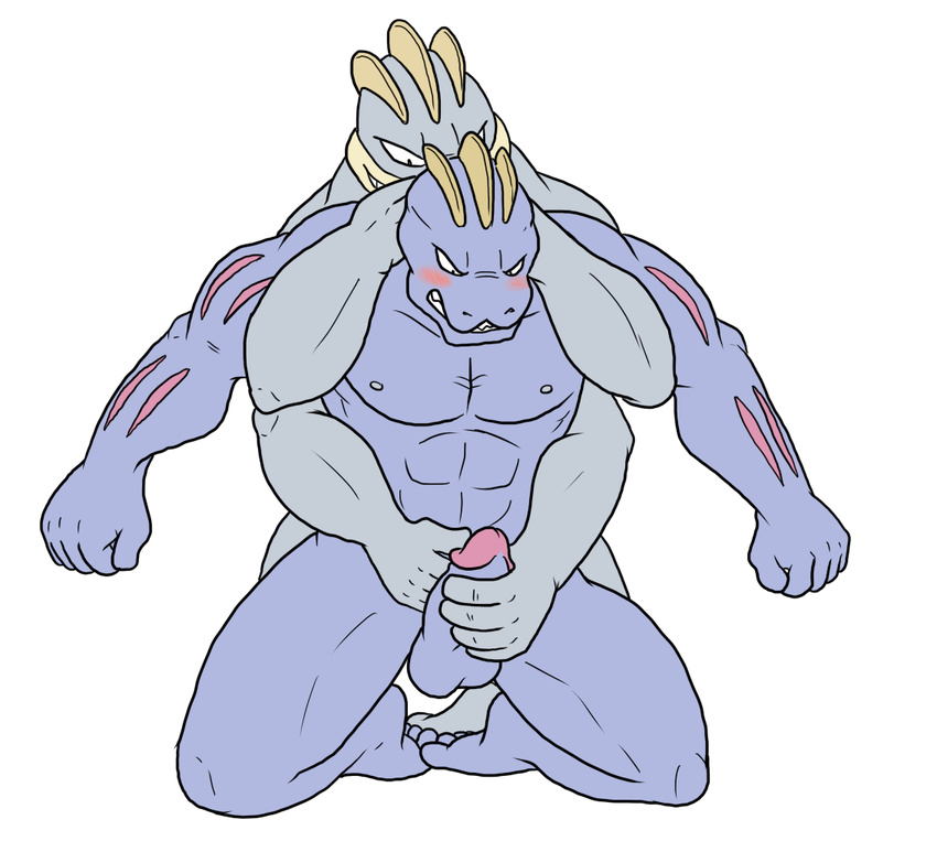 2015 abs ambiguous_gender anthro balls bdsm biceps big_muscles binding blueballs blush bondage bound butt duo erection holding_penis humanoid humanoid_penis kneeling looking_down machamp machoke male mammal multi_limb multiple_arms muscles nintendo nipples nude pecs penis plain_background pok&eacute;mon smile teeth video_games white_background