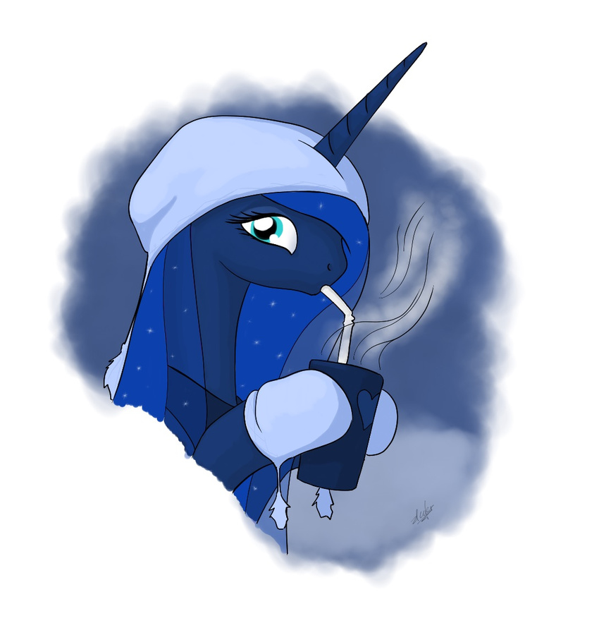 blue_eyes blue_hair cup drinking equine female friendship_is_magic hair hat horn long_hair mammal mittens my_little_pony princess_luna_(mlp) solo straw winged_unicorn wings zlack3r