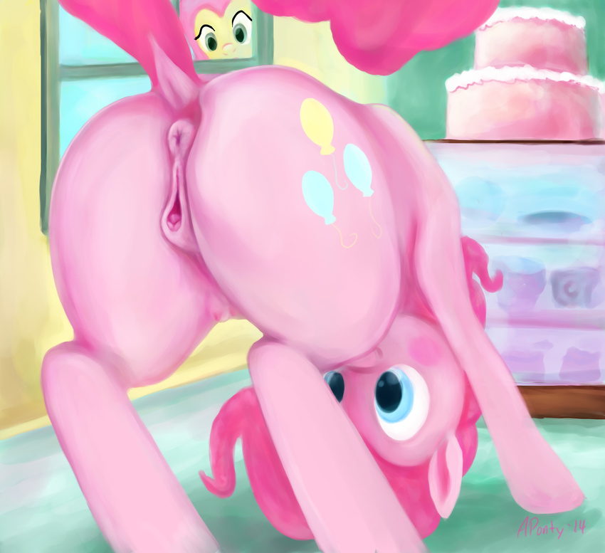 2014 animal_genitalia anus aponty being_watched blue_eyes butt cake clitoral_winking clitoris cutie_mark duo equine equine_pussy female fluttershy_(mlp) food friendship_is_magic hair horse mammal my_little_pony pink_body pink_hair pinkie_pie_(mlp) pony presenting presenting_hindquarters pussy solo_focus teats