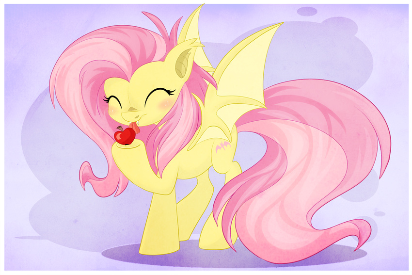 2014 apple bat_pony bat_wings blackfreya blush cutie_mark equine eyes_closed fangs female feral flutterbat_(mlp) fluttershy_(mlp) friendship_is_magic fruit hair horse licking mammal my_little_pony pink_hair smile solo tongue tongue_out two_tone_hair wings
