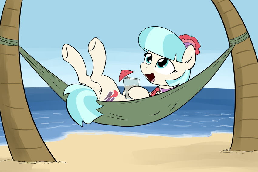 2014 beach blue_eyes blue_hair coco_pommel_(mlp) collar cutie_mark drink equine female flower friendship_is_magic hair hammock horse lying mammal my_little_pony outside plant pony sand sea seaside solo two_tone_hair umbrella water whatsapokemon