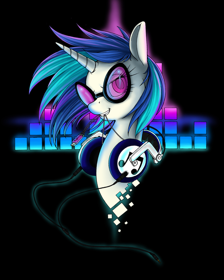 2014 absurd_res blue_hair equine eyewear female friendship_is_magic glasses hair headphones hi_res horn longinius looking_at_viewer mammal my_little_pony purple_eyes solo sound_bars unicorn usb vinyl_scratch_(mlp)