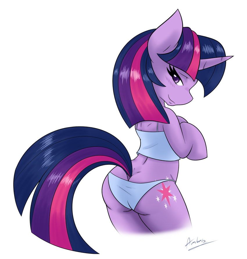 2015 ambris anthro blush clothing equine female friendship_is_magic fur hair horn looking_back mammal my_little_pony panties plain_background purple_eyes purple_fur purple_hair smile solo twilight_sparkle_(mlp) underwear unicorn white_background