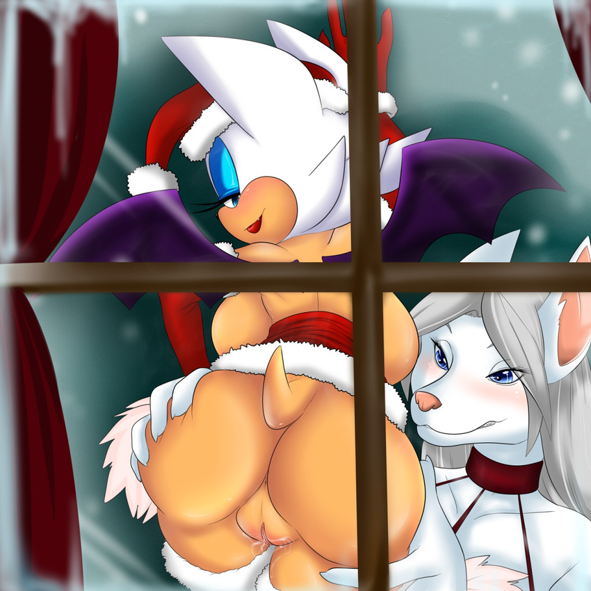 2014 anthro anus bat big_breasts big_butt blue_eyes blush breasts butt butt_grab canine christmas duo female grin hair hand_on_butt hat holidays lesbian mammal pinkthehedgehog2 presenting pussy pussy_juice raised_tail rav rouge_the_bat santa_hat sega sonic_(series) spreading teeth white_hair window wings