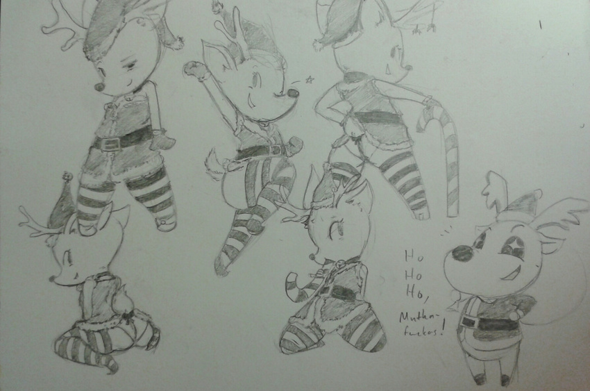 ambiguous_gender animal_crossing anthro candy_cane cervine christmas clothing duo holidays jingle male mammal nintendo panties pencil_(artwork) reindeer striped_legwear traditional_media_(artwork) underwear video_games vono