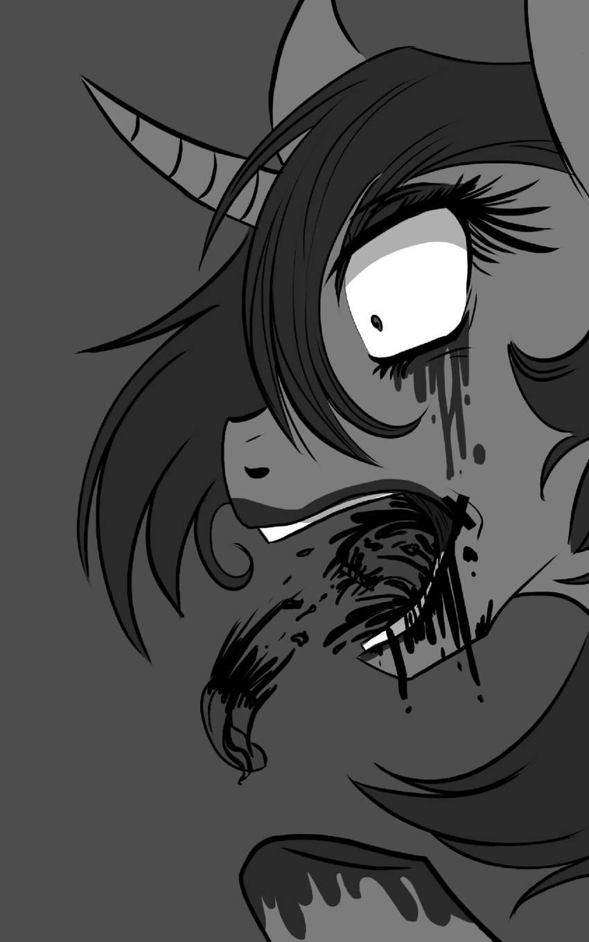 2014 amputation black_and_white blood death dismemberment equine fan_character female feral friendship_is_magic fur galladexd gore grotesque_death hair horn horse mammal monochrome my_little_pony nightmare_fuel open_mouth ow plain_background pony teeth tongue unicorn