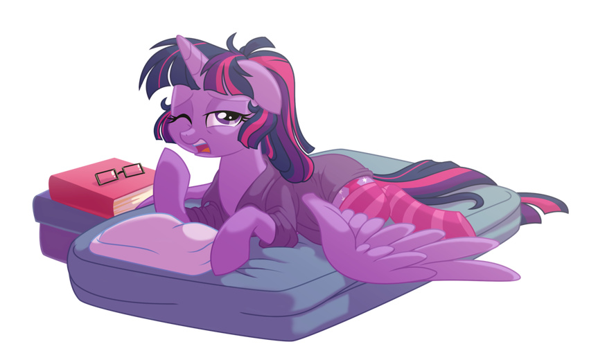 2014 alpha_channel awake bed book cutie_mark equine eyewear female feral friendship_is_magic glasses hair horn lopoddity lying mammal matress my_little_pony nightgown pillow plain_background purple_eyes purple_hair socks tired transparent_background twilight_sparkle_(mlp) winged_unicorn wings