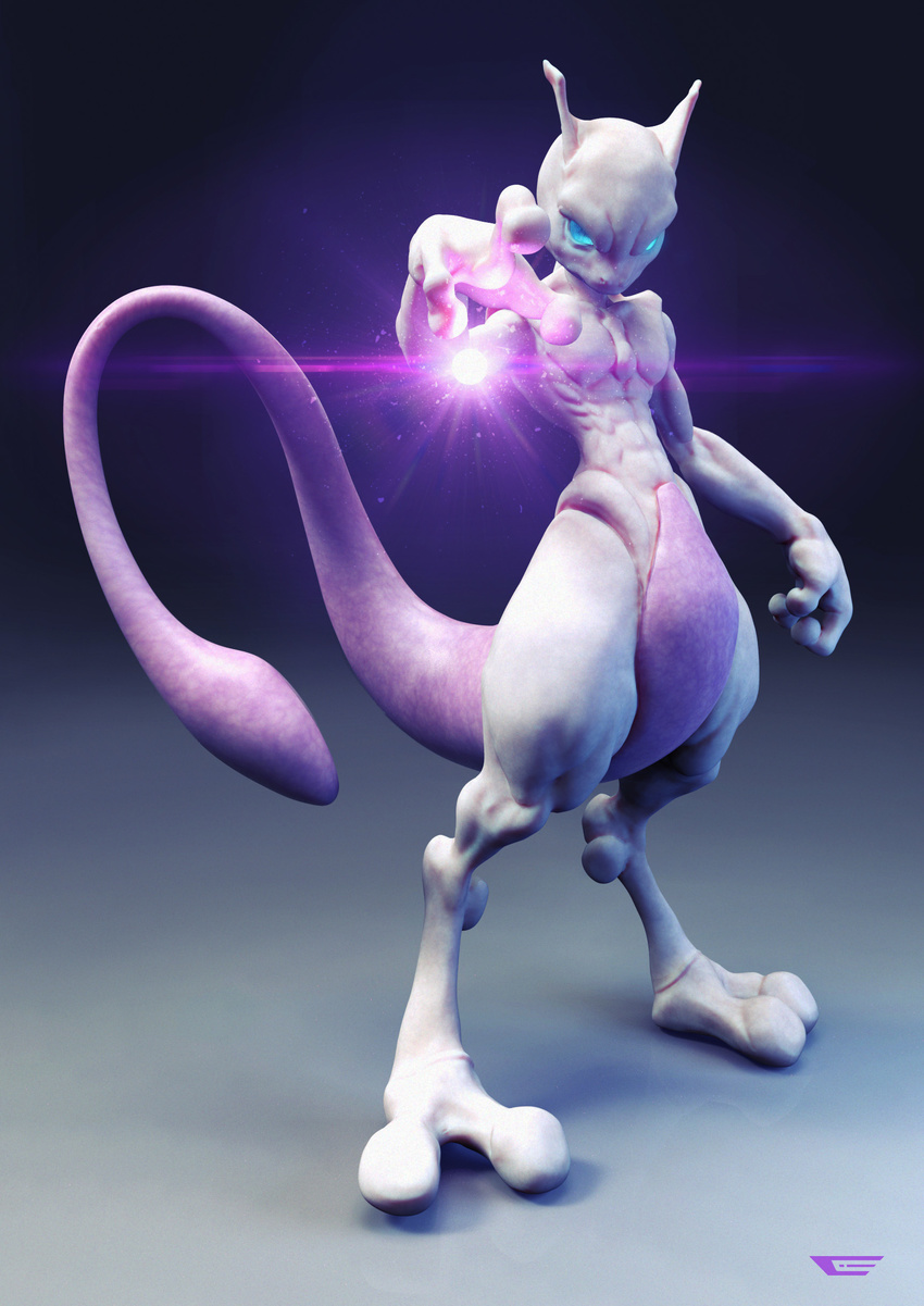2014 3d abs amazing ambiguous_gender blue_eyes energy entaq front_view glowing glowing_eyes hi_res looking_at_viewer mewtwo nintendo no_pupils pok&eacute;mon raised_arm realistic simple_background solo standing thick_thighs toned video_games