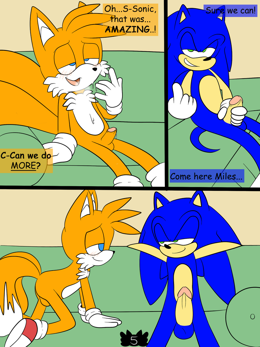 anthro balls blue_eyes canine comic cum dialogue duo fox gay green_eyes hazardouss hedgehog male mammal miles_prower penis seduction sega sex sofa sonic_(series) sonic_the_hedgehog video_games