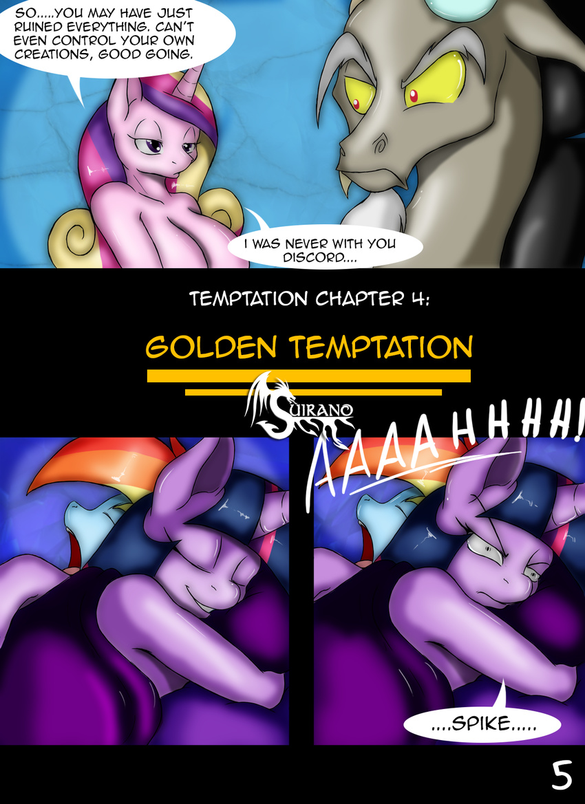 2014 anthro anthrofied breasts comic dialogue digital_media_(artwork) discord_(mlp) draconequus english_text equine eyes_closed fangs female friendship_is_magic group hair half-closed_eyes horn lesbian male mammal multicolored_hair my_little_pony nude princess_cadance_(mlp) rainbow_dash_(mlp) sleeping straight suirano text twilight_sparkle_(mlp)