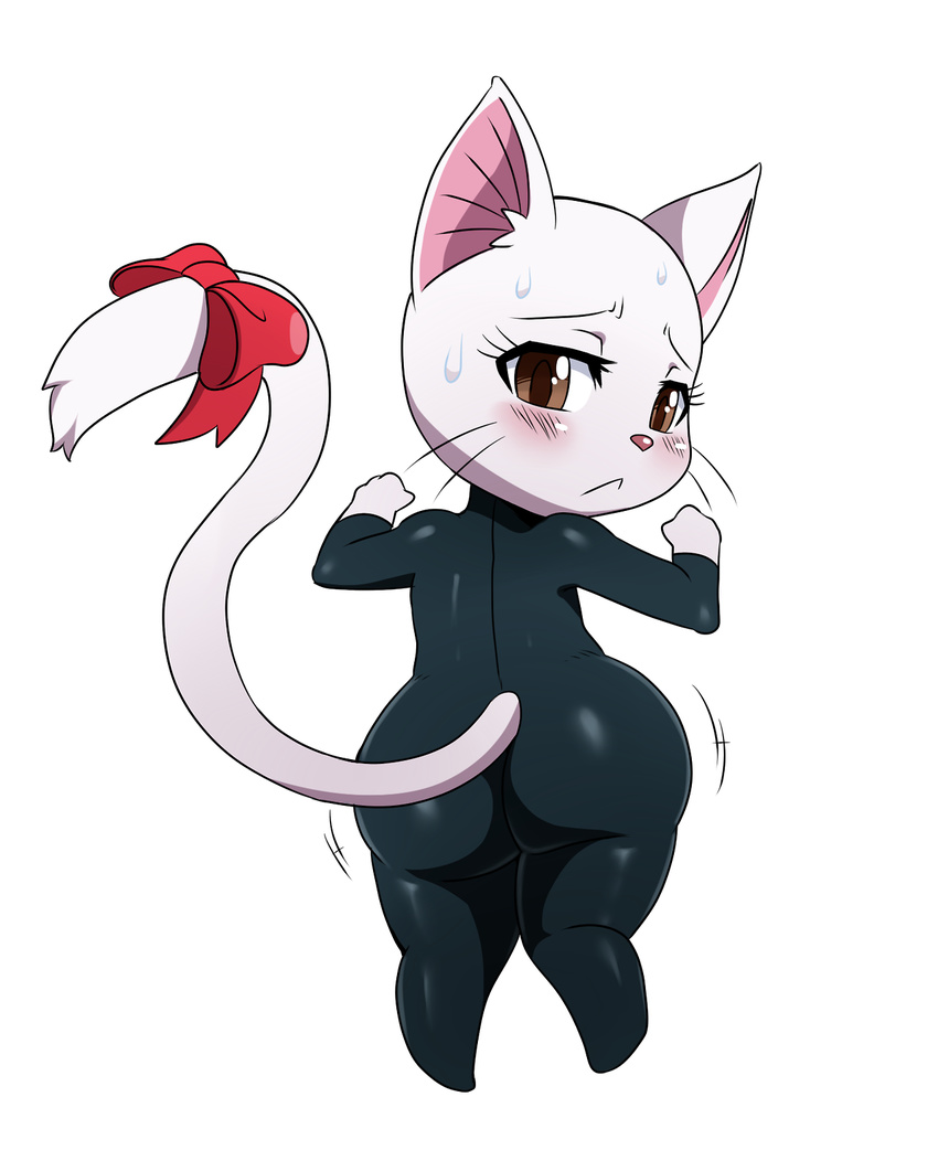 2014 big_butt blush brown_eyes butt butt_jiggle carla cat charle digital_media_(artwork) fairy_tail feline female huge_butt looking_back mammal ribbons rubber solo sssonic2 sweat thick_thighs