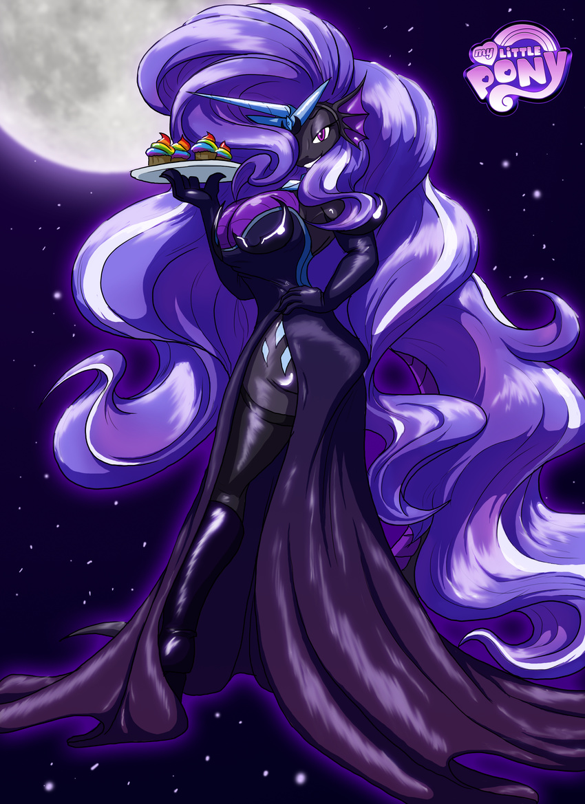 2013 anthro anthrofied boots cleavage clothed clothing cosplay costume cupcake cutie_mark dragon dress elbow_gloves female food friendship_is_magic gloves hair high_heels horn legwear long_hair looking_at_viewer moon my_little_pony night nightmare_rarity_(mlp) outside plate purple_eyes purple_hair solo star stockings toughset two_tone_hair white_hair