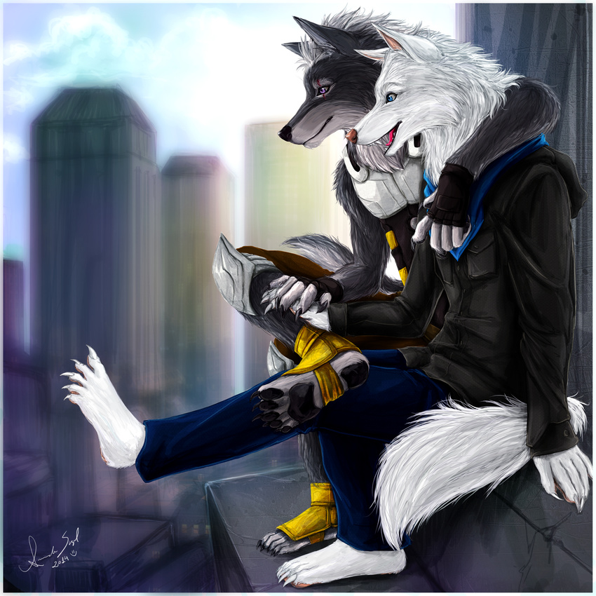 2014 advertisement akira amand4 anthro canine city cityscape duo male mammal outside shane wolf