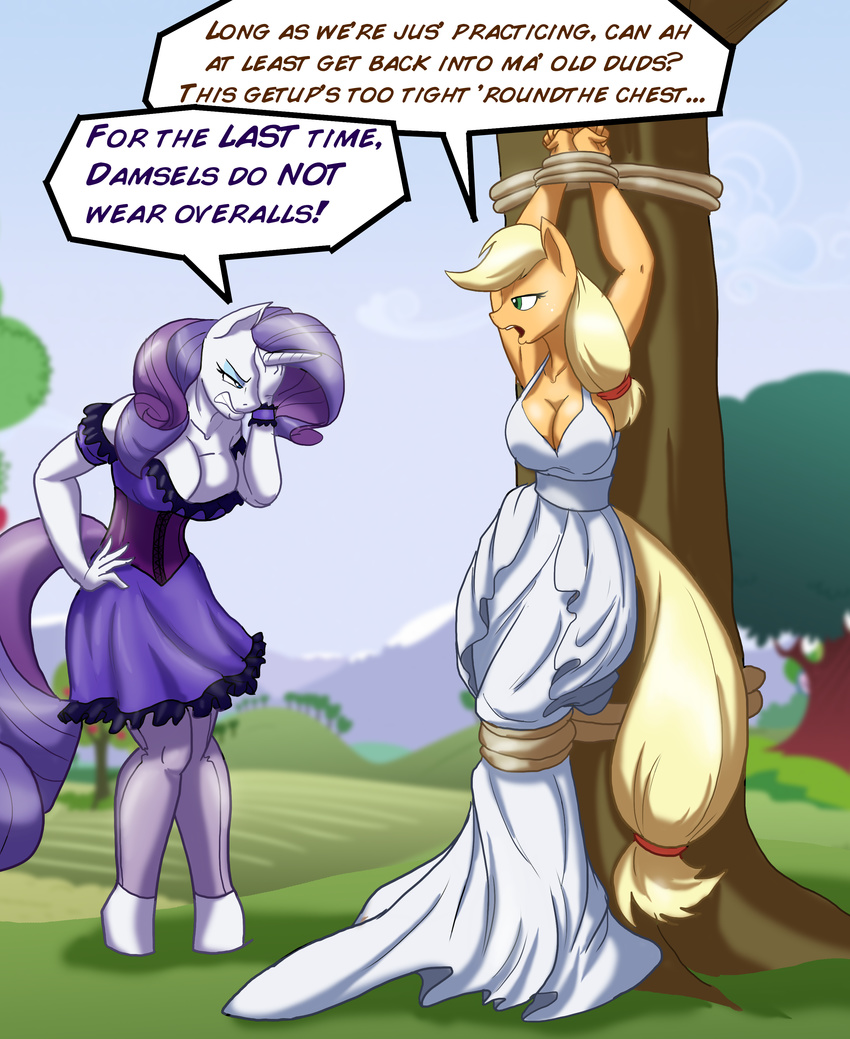 2014 anthro anthrofied applejack_(mlp) bdsm blonde_hair blue_eyes bondage bound breasts cleavage clothed clothing damsel_in_distress dress duo equine eyeshadow facepalm female friendship_is_magic hair horn horse makeup mammal my_little_pony pony ponytail purple_hair rarity_(mlp) rope toughset tree unicorn