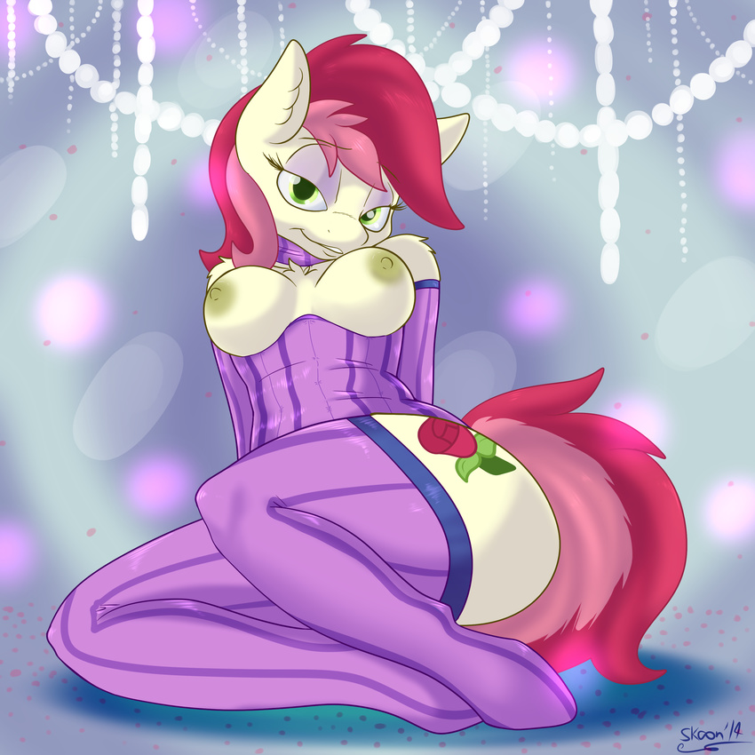 2014 anthro anthrofied breasts clothed clothing corset cutie_mark digital_media_(artwork) earth_pony elbow_gloves equine female friendship_is_magic gloves green_eyes hair hi_res horse legwear mammal my_little_pony nipples pony rose_(mlp) skimpy skoon solo stockings thigh_highs two_tone_hair