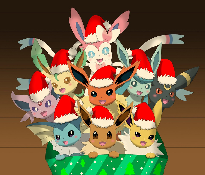 2014 ambiguous_gender blue_eyes blush brown_eyes christmas eevee eeveelution espeon feral fin flareon glaceon group hat holidays jolteon leafeon looking_at_viewer nintendo open_mouth pok&eacute;mon red_eyes santa_hat sylveon umbreon vaporeon video_games winick-lim