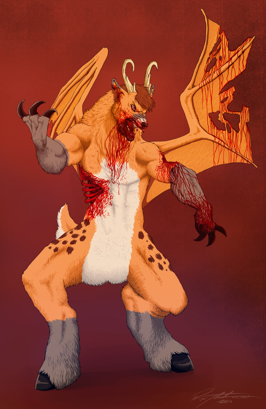 2014 abs anthro antlers blood canine claws feral front_view fur gore hair hooves horn male mammal morayn open_mouth red_eyes ribs solo teeth tongue undead wings zombie