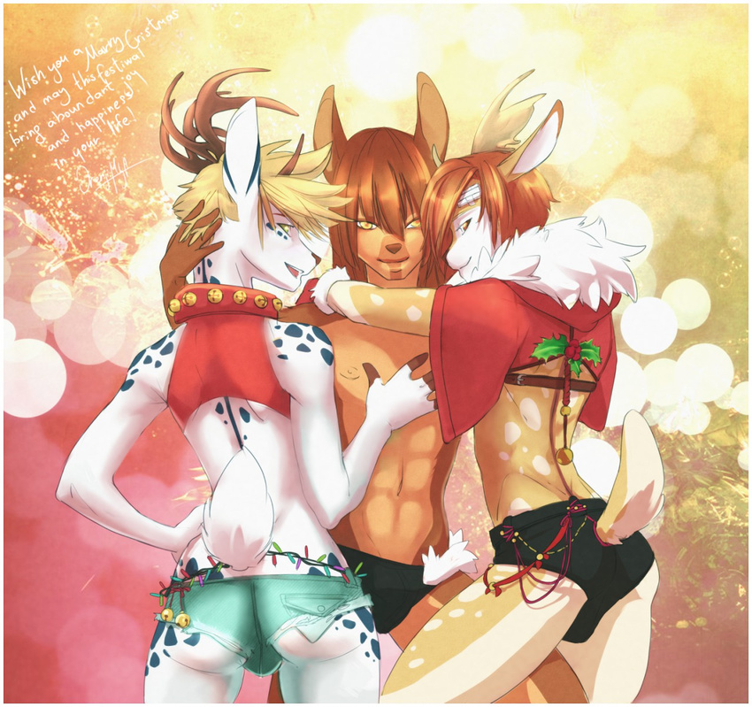 abs abstract_background antlers blonde_hair blue_fur brown_eyes brown_fur bulge cervine christmas clothing deer edhel fur girly green_eyes group hair holidays horn hug looking_at_viewer male mammal marooned muscles open_mouth orange_fur pecs pose short_hair shorts smile smirk text white_fur yellow_eyes