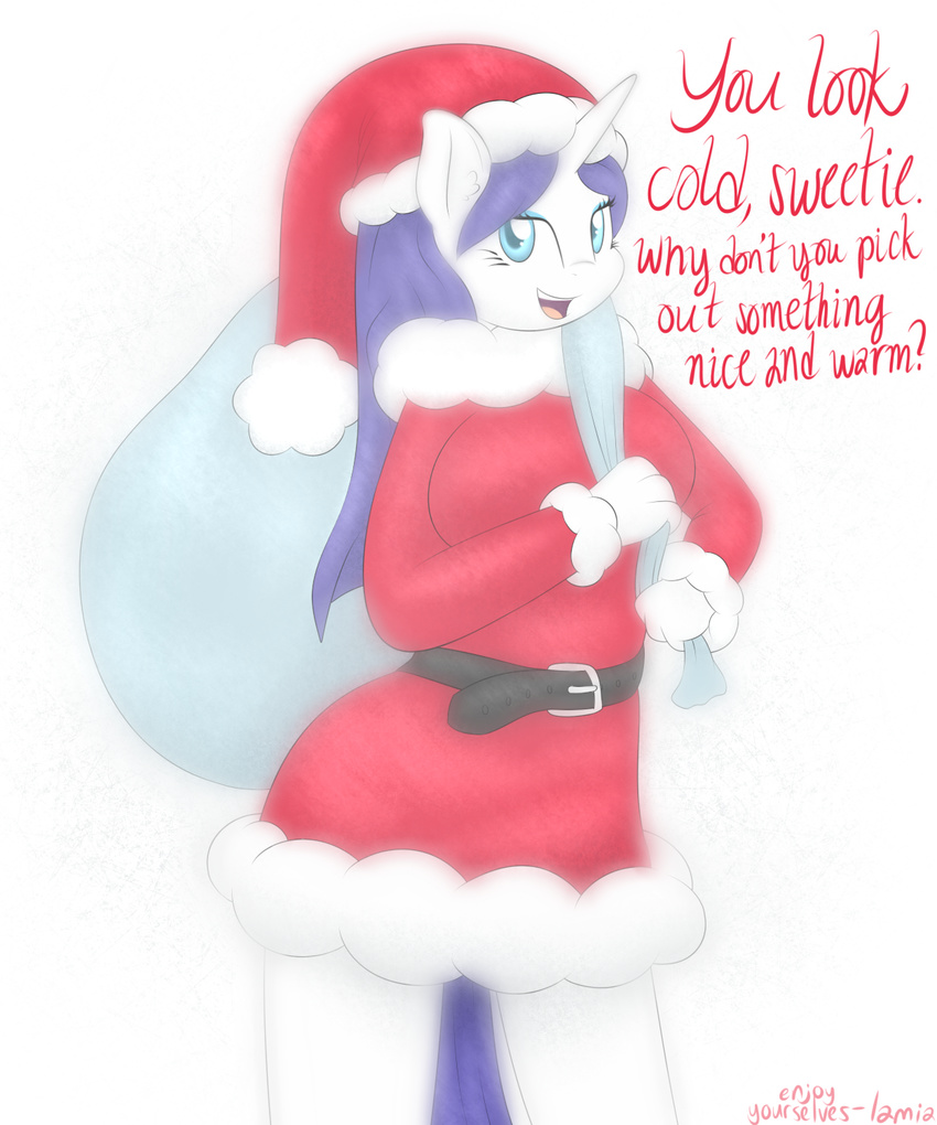 2014 alternate_hairstyle anthro anthrofied bag blue_eyes christmas dialogue english_text equine eyelashes eyeshadow female friendship_is_magic fur hair hat holidays horn lamiaaaa looking_at_viewer makeup mammal my_little_pony purple_hair rarity_(mlp) santa_costume santa_hat solo text unicorn white_fur