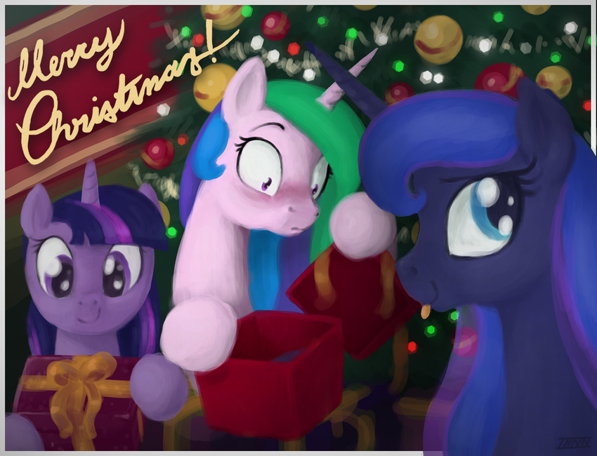 2014 blue_eyes blue_fur blue_hair blush christmas christmas_card equine female friendship_is_magic fur gift group hair holidays horn horse ihavnoname mammal my_little_pony open_present ornaments pony princess_celestia_(mlp) princess_luna_(mlp) purple_eyes purple_fur purple_hair shocked smile surprise tree twilight_sparkle_(mlp) unicorn white_fur winged_unicorn wings