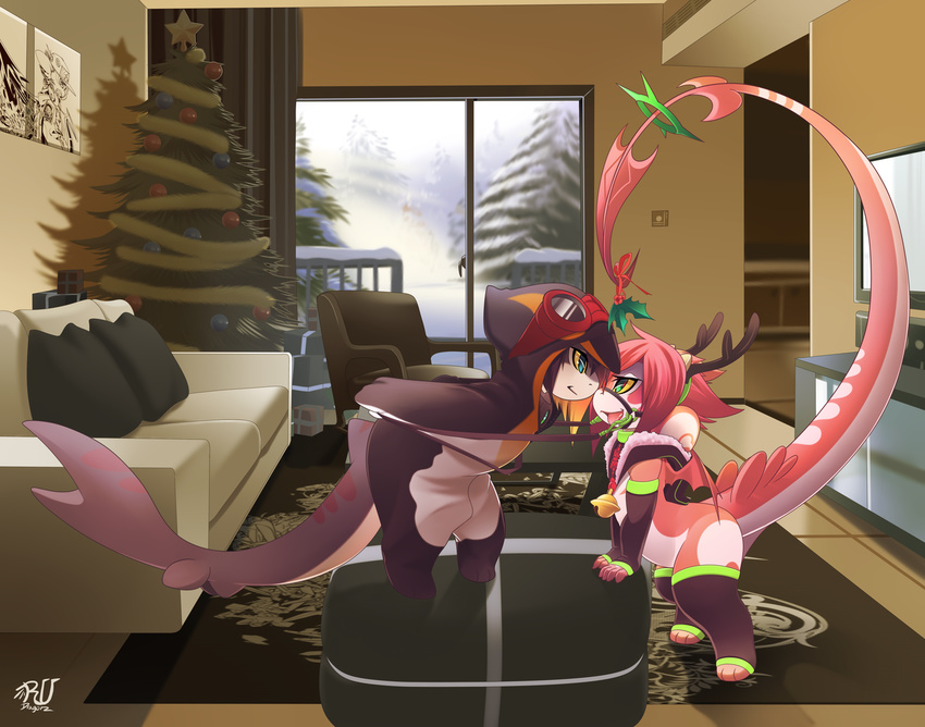 2014 ambiguous_gender anthro antlers bell blue_eyes chair christmas christmas_tree dragon duo eye_contact eyewear fish gift goggles green_eyes hair holidays holly_(plant) horn light mako_(rudragon) marine pink_hair plant ru_(rudragon) rudragon shadow shark snow sofa television tongue tongue_out tree two_tone_hair wings