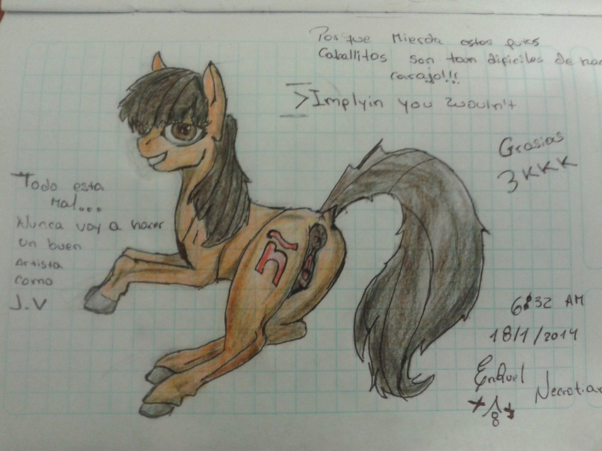 anatomically_correct anatomically_correct_anus anatomically_correct_pussy animal_genitalia anus equine equine_pussy fan_character female feral horse mammal my_little_pony pony presenting pussy smile solo spanish_text text translated unknown_artist